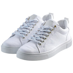 Pair of White Canvas Sneakers with Blue and White Shoelaces on a Black Background, Stylish Casual Footwear for Men and Women, Fashionable and Comfortable Shoes for Everyday Wear, Studio Shot