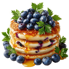 Delicious Stack of Blueberry Pancakes Drizzled with Golden Syrup, Garnished with Fresh Blueberries and Parsley on a Black Background, Perfect for Breakfast, Brunch, or Dessert, High Resolution Food 