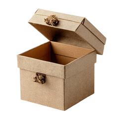 Open Textured Tan Gift Box with Decorative Wooden Clasp on Black Background, Empty Decorative Box, Present Container, Storage Box, Rustic Style, Neutral Colors, Isolated Object, Square Box