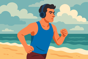 A man engages in a healthy summer activity by running on the beach surrounded by tropical scenery