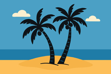 A hand-drawn flat vector illustration of a tropical island with two black palm trees, ideal for summer design collections, beachwear logos, tropical-themed websites, and minimalist nature-based