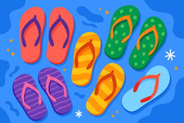Colorful cartoon sandals and vibrant flip flops float in clear blue pool water, depicting a fun summer beach footwear collection and vacation resort swimwear in a relaxation holiday vector