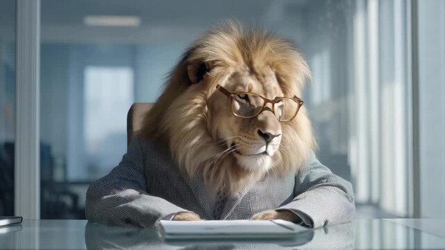 L&ouml;we als Chef in Businesskleidung mit Brille im B&uuml;ro. K&uuml;nstliche Intelligenz KI