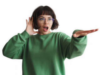 Woman with open mouth cupping ear and gesturing with hand