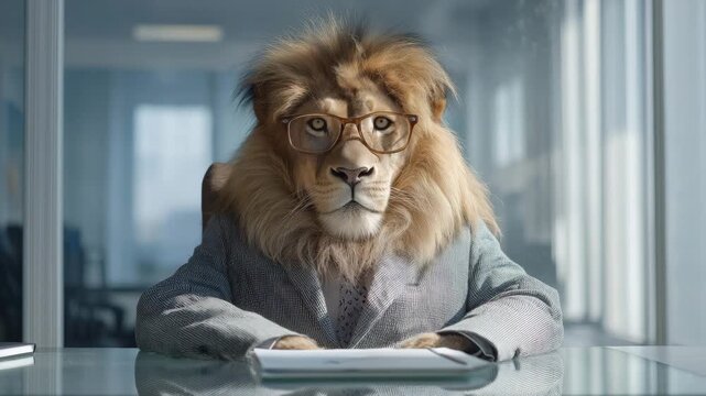 L&ouml;we als Chef in Businesskleidung mit Brille im B&uuml;ro. K&uuml;nstliche Intelligenz KI