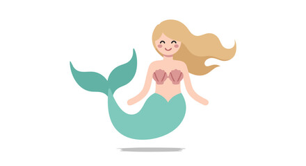 Cartoon Mermaid Illustration with Turquoise Tail and Seashell Bra for Children's Books