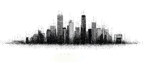 Fototapeta premium Abstract Black and White Cityscape with Geometric Buildings Pixelated Effect Urban Art and Architectural Design Concept