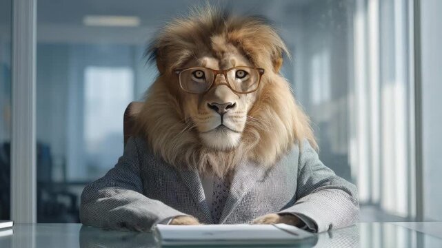 L&ouml;we als Chef in Businesskleidung mit Brille im B&uuml;ro. K&uuml;nstliche Intelligenz KI