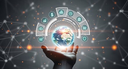 Human hand holding Earth with digital interface showing commerce finance and data icons