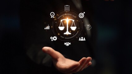Futuristic digital law interface displaying justice scale, highlighting digital law, AI compliance,...