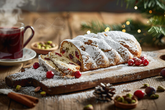 Christmas Stollen Masterpiece Dusted with Powdered Sugar - German Traditional Holiday Food Photography Art