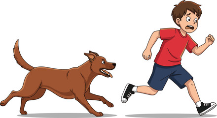 Playful boy running from cheerful dog, energetic pet chase outdoors, childhood fun, dynamic motion illustration, joyful moment, vibrant cartoon artwork