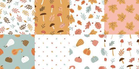 Seamless fall patterns with pumpkins mushrooms and leaves