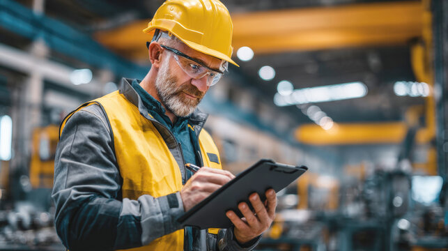 A focused, bearded male engineer or factory foreman in a hard hat and safety glasses, inspecting and writing on a clipboard. He is performing quality control in a modern industrial setting