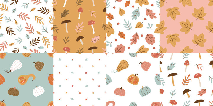 Seamless fall patterns with pumpkins mushrooms and leaves
