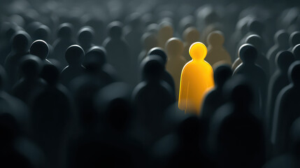 Obraz premium Yellow figure stands out in a crowd of dark figures representing individuality and uniqueness