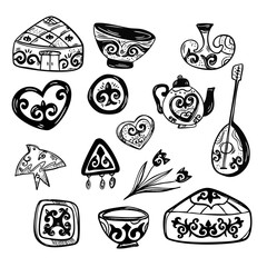 Kazakh Traditional Ornaments &ndash; Hand Drawn Ethnic Symbols and National Elements in Black and White
