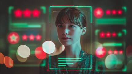 Futuristic facial recognition interface showcasing a young woman's profile with digital scanning overlay and blurred technological background