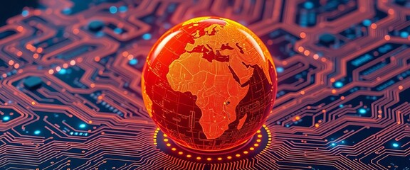 Orange glowing earth globe on futuristic circuit board, digital network data transfer, innovation, server
