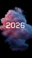Futuristic cloud computing concept with pixelated 2026 in a vibrant sky