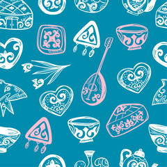 Ethnic Pattern with Traditional Kazakh Elements &ndash; Dombyra, Yurt and Ornaments on Blue Background