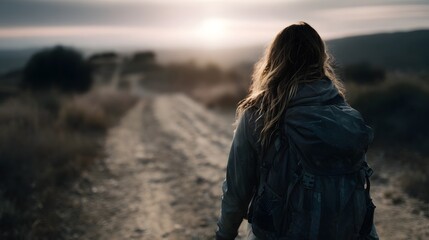Solo female traveler exploring a remote dirt road with backpack