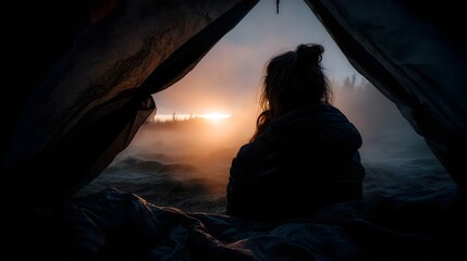 Fototapeta premium Backpacker witnessing a serene sunrise from the comfort of their tent