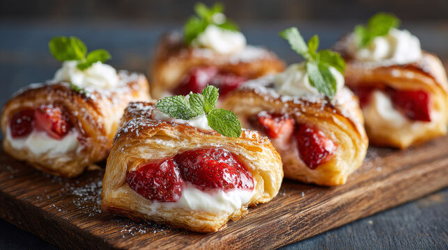 Danish pastry. The puff pastries with cream cheese and strawberries. Background