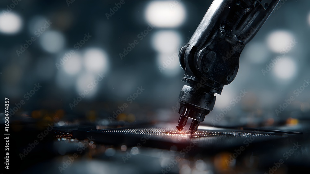 Poster robot arm assembling microchips in a high tech manufacturing setting