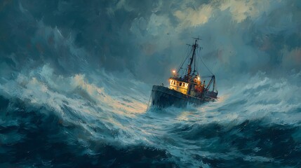 A dramatic scene of a fishing boat battling fierce waves in a stormy ocean, illuminated by warm lights against dark skies.