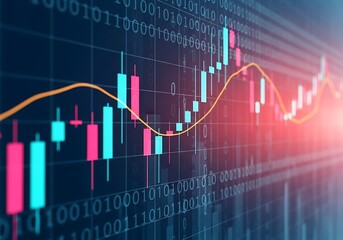 Digital trading chart with binary code and upward trend stock market finance