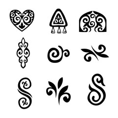 Kazakh Traditional Ornament Set &ndash; Black Silhouette Ethnic Patterns and Symbols