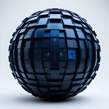 Abstract 3D rendering of a futuristic technological sphere with intricate blue geometric block patterns and circuit details, symbolizing a global network or a complex planetary system.