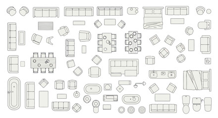 Vector art of collection of various furniture items for interior design and space planning, shown from a topdown perspective, isolated on white background transparent background