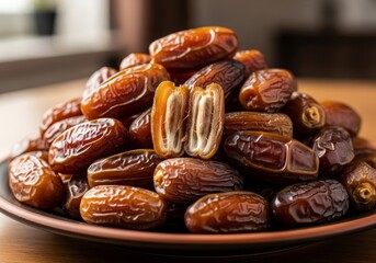 Sweet Dates on Dark Plate - A close-up shot of a pile of sweet dates on a dark brown plate. The dates are plump and brown, some are split open revealing their soft interior