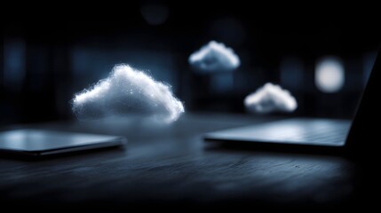 Ethereal cloud technology elements floating in a dark minimalist setting