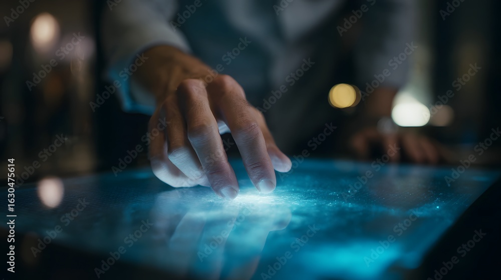 Poster hands manipulating a holographic screen in an augmented reality experience