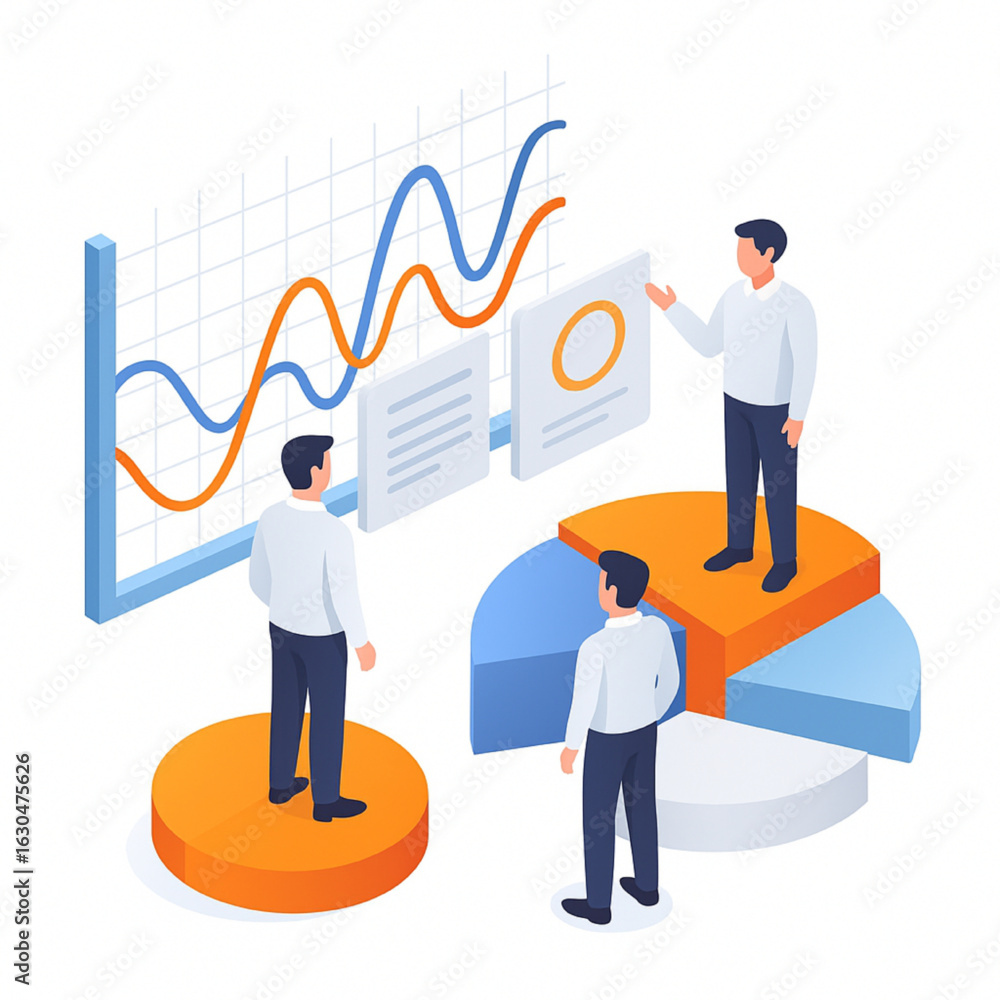 Poster dynamic business team analyzing growth charts and pie graphs for strategic planning in modern office