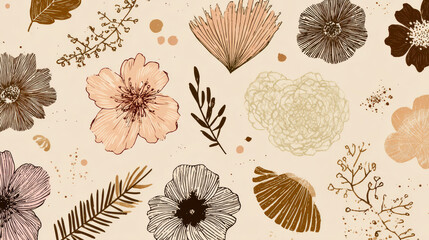 Botanical doodle background vector set. Flower and leaves abstract shape doodle art design for print, wallpaper, clipart, wall art for home decoration.