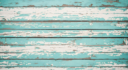 Obraz premium Distressed aqua and white wooden planks background showing peeling paint texture old fence surface