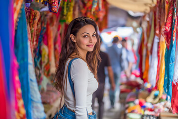 Obraz premium A beautiful woman smiles while shopping at a colorful market during her travels