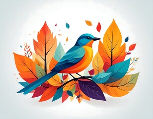 Fototapeta premium Colorful bird surrounded by autumn leaves