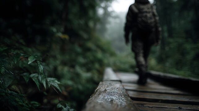 Traveler crossing wooden bridge in lush jungle environment - Powered by Adobe