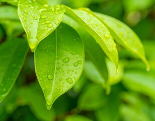 Fototapeta premium Close-up of vibrant green leaves covered in water droplets