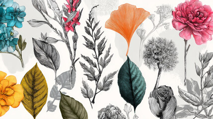 Botanical doodle background art vector set. Flower and leaves abstract shape doodle art design for print, wallpaper, clipart, wall art for home decoration.