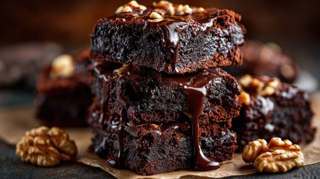 Delicious stack of chocolate brownies with nuts and fudge sauce for dessert treat food
