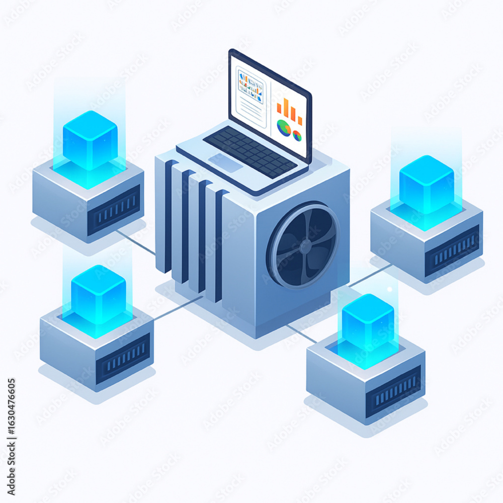 Poster modern data center concept with laptop displaying charts, representing technology and innovation