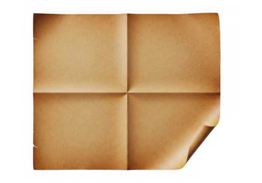 An old, folded sheet of brown paper isolated on white isolated on transparent background