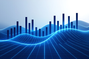 Abstract glowing blue digital landscape with rising bar graph data visualization and grid lines