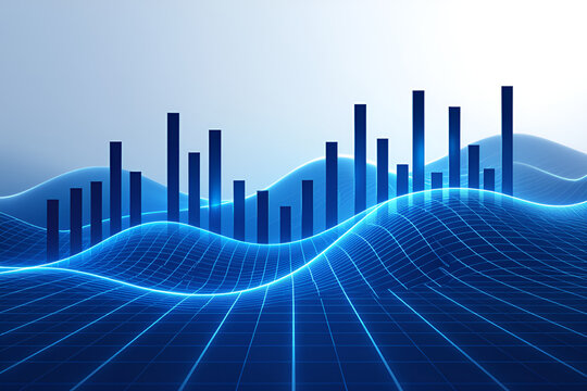 Abstract glowing blue digital landscape with rising bar graph data visualization and grid lines